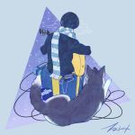  1boy animal black_hair box cable earbuds earphones electric_guitar facing_away from_behind gift gift_box guitar instrument long_sleeves male_focus original scarf short_hair signature sitting striped striped_scarf tablet_pc takigraphic triangle wolf 