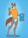  2019 5_fingers absurd_res anthro blue_background blue_eyes brooks canid canine canis clothing colt3n diaper fingers fur grey_body grey_fur hi_res male mammal pull-ups_(diaper) shirt simple_background solo standing topwear wolf yellow_sclera 