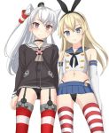  2girls amatsukaze_(kantai_collection) black_hairband black_neckwear black_panties blonde_hair blue_sailor_collar blue_skirt brown_dress cameltoe cowboy_shot crop_top dress elbow_gloves from_below garter_straps gloves grey_eyes hair_tubes hairband highleg highleg_panties kantai_collection long_hair looking_at_viewer microskirt miniskirt multiple_girls neckerchief panties parted_lips pleated_skirt red_eyes sailor_collar sailor_dress shimakaze_(kantai_collection) short_dress silver_hair simple_background skirt standing striped striped_legwear takafumi thighhighs two_side_up underwear white_background white_gloves windsock 