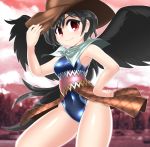  1girl belt black_hair black_wings blue_swimsuit brown_headwear cloud commentary_request competition_swimsuit contrapposto cowboy_hat cowboy_shot hat holding holding_hat horse_tail kurokoma_saki long_hair looking_at_viewer one-piece_swimsuit ponytail red_eyes red_sky sky smile solo standing swimsuit tail touhou wings winn 