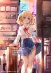  1girl bangs blonde_hair blue_eyes blue_skirt blush bow bunny_hair_ornament city closed_mouth collared_shirt commentary_request dress_shirt evening eyebrows_visible_through_hair hair_ornament hair_ribbon hairclip highres hmw_(pixiv7054584) long_sleeves neon_lights original outdoors outstretched_arm panties parted_bangs pink_panties plaid plaid_skirt red_bow ribbon shirt skirt solo_focus sparkle standing suitcase two_side_up underwear white_ribbon white_shirt 