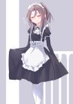  1girl absurdres alternate_costume apron bangs black_leotard blush brown_hair closed_eyes doyagao enmaided facing_viewer feet_out_of_frame frilled_apron frills gedoo_(gedo) grey_background hair_between_eyes high_ponytail highres kantai_collection leotard long_hair long_sleeves maid pantyhose smile smug solo standing two-tone_background white_apron white_legwear zuihou_(kantai_collection) 