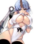  1girl blue_hair bow breasts club covered_nipples curvy highres horn large_breasts lying masao messy_hair mouth_hold oni oni_horn original plump pointy_ears shadow solo thighhighs underboob weapon white_background 