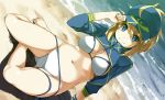  1girl ahoge artoria_pendragon_(all) bangs baseball_cap beach bikini blonde_hair blue_eyes blue_headwear breasts cleavage commentary_request dot_nose eyebrows_visible_through_hair fate_(series) hair_between_eyes hair_through_headwear hat highres jacket large_breasts long_hair long_sleeves looking_at_viewer mysterious_heroine_xx_(foreigner) navel on_ground outdoors ponytail shikei shrug_(clothing) side-tie_bikini sitting smile solo swimsuit thigh_strap water white_bikini 