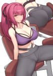  1girl alternate_costume ass bare_shoulders black_ribbon breasts cleavage collarbone evan_yang exercise eyebrows_visible_through_hair fate/grand_order fate_(series) gym hair_intakes high_ponytail highres large_breasts looking_at_viewer midriff muscle muscular_female pants ponytail purple_hair red_eyes ribbon scathach_(fate)_(all) skin_tight sports_bra spread_legs tank_top yoga_pants 