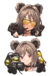  1girl absurdres bangs black_gloves blush choker collarbone cropped_torso double_bun eyewear_removed gas_mask girls_frontline gloves hair_intakes highres holding holding_eyewear holding_mask hood hood_down ivan_wang jewelry looking_at_viewer mask mask_removed multiple_views p90_(girls_frontline) partly_fingerless_gloves pendant red_eyes simple_background smile sunglasses white_background 