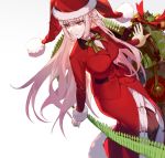  1girl ammunition_belt bow bowtie breasts csyko dress fate/grand_order fate_(series) florence_nightingale_(fate/grand_order) front_slit hat highres large_breasts long_hair pantyhose pink_eyes pink_hair santa_hat 