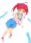  1girl ahoge bangs blue_hairband blue_overalls blunt_bangs collarbone full_body hairband highres hoshina_hikaru kanichiri long_hair long_sleeves looking_at_viewer off-shoulder_shirt off_shoulder open_mouth pink_shirt precure red_eyes red_hair scared shiny shiny_hair shirt shoes simple_background sneakers solo standing star_twinkle_precure tentacles wavy_mouth white_background 