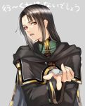  1boy black_hair brown_coat brown_eyes cape coat fire_emblem fire_emblem:_path_of_radiance grey_background grey_cape hood hood_down hooded_coat index_finger_raised long_hair looking_at_viewer mai0124 makeup male_focus mascara open_mouth shiny shiny_hair simple_background solo soren_(fire_emblem) upper_body 