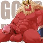  1:1 2017 balls beard big_muscles big_penis blonde_hair demon eyebrows facial_hair gardie_(otukimi) hair hi_res humanoid_penis looking_at_viewer male muscular muscular_male nipples othukimi penis red_body red_skin sitting smile solo tan_hair thick_eyebrows white_eyes 