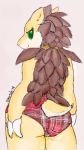  2019 anthro butt claws clothing female fur green_eyes jekerela lace looking_back low_res mammal nintendo panties pink_clothing pink_panties pink_underwear plaid pok&eacute;mon pok&eacute;mon_(species) pok&eacute;morph rear_view sandslash short_tail simple_background sunny_(sandslash) underwear video_games view yellow_body yellow_fur 