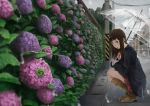  boots brown_eyes brown_hair flowers long_hair original rain somehira_katsu umbrella water 