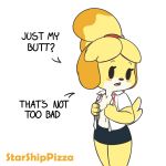  1:1 accessory animal_crossing anthro blush breasts canid canine canis clothed clothing dialogue digital_media_(artwork) domestic_dog english_text female floppy_ears fur hair hair_accessory hi_res isabelle_(animal_crossing) mammal nintendo open_mouth side_boob signature solo starshippizza text topwear toy_dog undressing video_games 