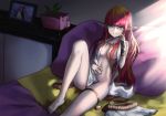  1girl bangs blurry_foreground breasts circe_(fate/grand_order) collarbone commentary_request fate/grand_order fate_(series) hair_over_breasts highres long_hair looking_at_viewer medium_breasts nude on_bed peppertomo pink_hair pointy_ears purple_pillow red_eyes sitting skirt skirt_removed smile 
