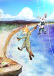  502 anthro barefoot beach bottomwear buckteeth canid canine cliff clothed clothing cloud detailed_background dipstick_ears disney duo fox fully_clothed fumo3 fur grey_body grey_fur hi_res inner_ear_fluff judy_hopps lagomorph leporid light looking_at_another mammal multicolored_ears necktie nick_wilde open_mouth open_smile orange_body orange_fur outside pants police_uniform purple_eyes rabbit red_fox rock sea seaside shirt sky smile sunlight teeth toeless_legwear topwear tree tuft uniform water zootopia 