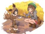  2girls afterimage ankle_boots backpack bag black_hair blush blush_stickers boots brown_eyes brown_footwear brown_hair cchhii3 child closed_mouth cosplay eevee eevee_(cosplay) eevee_costume full_body gen_1_pokemon green_headwear green_legwear grey_coat hands_on_own_knees hood hood_down hooded_coat long_sleeves multiple_girls outdoors pink_skirt poke_kid_(pokemon) poke_toy pokemon pokemon_(creature) pokemon_(game) pokemon_swsh short_hair skirt smile socks sparkle squatting squiggle tail_wagging tam_o&#039;_shanter yuuri_(pokemon) 