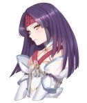  1girl blush choker closed_mouth collarbone cropped_torso detached_sleeves fire_emblem fire_emblem:_radiant_dawn headband highres long_hair long_sleeves mai0124 purple_hair red_headband sanaki_kirsch_altina shiny shiny_hair simple_background solo upper_body white_background white_sleeves yellow_eyes 