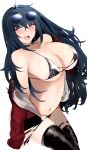  1girl ahoge azur_lane bangs bare_shoulders black_hair black_legwear blush breasts choker cleavage eyewear_on_head hand_on_own_chest highres itete jacket large_breasts long_hair long_sleeves looking_at_viewer off_shoulder open_clothes open_jacket red_eyes red_jacket solo sunglasses taihou_(azur_lane) thighhighs thighs 