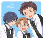  3boys :d :o bangs bespectacled blue_background blue_eyes blue_hair brown_eyes brown_hair freckles glasses green_eyes hair_over_one_eye jinnai_enta kuji_toi leaning_forward looking_at_viewer male_focus monocle multiple_boys muraiaria open_mouth parted_bangs pince-nez sarazanmai shirt simple_background smile upper_body vest white_shirt yasaka_kazuki 