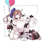  2girls absurdres ahoge bag balloon bare_shoulders black_bra black_jacket blush bow bra breasts brown_hair choker cleavage closed_eyes cotton_candy cowboy_shot crescent crescent_earrings dress earrings eating eyebrows_visible_through_hair fal_(girls_frontline) five-seven_(girls_frontline) girls_frontline green_eyes hair_between_eyes hair_bow hair_ornament hair_ribbon handbag highres holding jacket jewelry long_hair long_sleeves multiple_girls open_clothes open_jacket osakanadream pouch ribbon short_dress side_ponytail sidelocks silver_hair simple_background sitting sleeveless sleeveless_dress thighhighs twintails underwear very_long_hair white_background white_dress white_legwear younger 