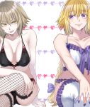  2girls black_bra black_panties blonde_hair blue_nails bow bra braided_ponytail breasts cameltoe cleavage clenched_teeth closed_mouth collarbone covered_nipples eyebrows_visible_through_hair fate/grand_order fate_(series) fishnet_legwear fishnets frilled_bra frilled_panties frills hair_between_eyes hair_bow heart highres jeanne_d&#039;arc_(alter)_(fate) jeanne_d&#039;arc_(fate) jeanne_d&#039;arc_(fate)_(all) large_breasts long_hair looking_to_the_side mai0124 multiple_girls nail_polish panties ponytail purple_bow purple_eyes red_nails red_ribbon ribbon shiny shiny_hair short_hair sideboob silver_hair sitting smile teeth underwear underwear_only very_long_hair white_background white_bra white_legwear yellow_eyes 