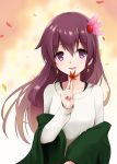 1girl alternate_costume autumn_leaves bangs blush collarbone crescent earrings eyebrows_visible_through_hair hair_between_eyes hair_ornament highres holding holding_leaf jewelry kantai_collection kisaragi_(kantai_collection) leaf long_hair long_sleeves mmt_uf open_mouth purple_eyes purple_hair shirt solo upper_body 