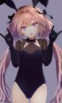  1boy :o \n/ animal_ears astolfo_(fate) bangs black_bow black_hairband bow bowtie bulge bunnysuit cowboy_shot double_\n/ elbow_gloves fake_animal_ears fate/grand_order fate_(series) fishnets gloves grey_background hair_bow hair_intakes hairband hands_up head_tilt leotard long_hair looking_at_viewer male_focus minyom multicolored_hair open_mouth otoko_no_ko pink_hair purple_bow purple_eyes purple_gloves purple_leotard purple_neckwear signature simple_background solo streaked_hair very_long_hair white_hair 