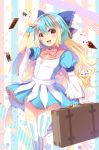  1girl :d arm_up bangs blonde_hair blue_bow blue_dress blue_gloves blue_hair blush bow brown_hair card club_(shape) commentary_request diamond_(shape) dress eyebrows_visible_through_hair fingerless_gloves frilled_bow frills gloves hair_between_eyes hair_bow heart holding juliet_sleeves kuroe_(sugarberry) little_alice_(wonderland_wars) long_sleeves looking_at_viewer multicolored_hair open_mouth pink_bow playing_card puffy_sleeves purple_hair smile solo spade_(shape) standing standing_on_one_leg star striped striped_legwear suitcase thighhighs upper_teeth vertical-striped_legwear vertical_stripes wide_sleeves wonderland_wars 