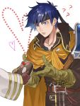  1boy ? belt belt_buckle black_headband blue_eyes blue_hair box brown_belt brown_gloves buckle collarbone fire_emblem fire_emblem:_path_of_radiance gift gift_box gloves green_gloves headband heart ike_(fire_emblem) leaning_forward long_sleeves mai0124 male_focus shiny shiny_hair shoulder_armor standing yellow_cloak 