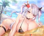  2girls akashi_(azur_lane) antenna_hair azur_lane bare_arms bare_shoulders beach bikini black_bikini bottomless breasts choker cleavage collarbone flag_print flower german_flag_bikini hair_flower hair_ornament halterneck large_breasts long_hair looking_at_viewer luminous mole mole_on_breast multicolored_hair multiple_girls ocean palm_tree prinz_eugen_(azur_lane) prinz_eugen_(unfading_smile)_(azur_lane) red_eyes silver_hair streaked_hair swimsuit thigh_strap tree two_side_up wet 