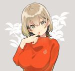  1girl :s bangs blush breasts brown_hair closed_mouth commentary_request eyebrows_visible_through_hair finger_to_mouth floral_background green_eyes head_tilt large_breasts long_sleeves looking_at_viewer okanoyuno original red_sweater short_hair solo sweater upper_body 