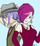  1boy 1girl blue_background blue_eyes blue_hair blush buchichu gem green_eyes hat jewelry kojirou_(pokemon) musashi_(pokemon) pokemon pokemon_(anime) team_rocket 