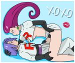  1boy 1girl blue_background blue_eyes blue_hair blush buchichu caress jewelry kojirou_(pokemon) panties pokemon pokemon_(anime) team_rocket underwear 