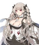  1girl absurdres azur_lane bangs bare_shoulders between_breasts black_bow black_dress blush bow breasts cleavage closed_mouth corset cowboy_shot detached_collar doyoom dress earrings expressionless eyebrows_visible_through_hair formidable_(azur_lane) frilled_dress frills grey_hair hair_bow hands_in_hair highres huge_filesize jewelry large_breasts long_hair long_sleeves looking_at_viewer red_eyes shoulder_cutout solo twintails very_long_hair 
