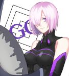  1girl black_gloves closed_mouth copyright_name elbow_gloves fate/grand_order fate_(series) gloves highres looking_at_viewer mai0124 mash_kyrielight pink_hair purple_eyes shield shiny shiny_hair short_hair smile solo upper_body white_background 