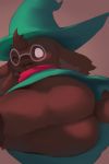  2019 anthro black_body black_fur blush bovid butt butt_focus caprine clothed clothing deltarune digital_media_(artwork) eyewear fur glasses goat hat headgear headwear hi_res inkune looking_at_viewer male mammal open_mouth ralsei scarf simple_background smile solo video_games 