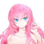  1girl blue_eyes breasts cleavage collarbone commentary eyebrows_visible_through_hair hand_in_hair hand_up holding holding_hair kkr_rkgk long_hair looking_at_viewer medium_breasts megurine_luka pink_hair portrait smile solo topless tsurime vocaloid white_background 