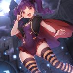  1girl absurdres bang_dream! bangs bat_hair_ornament black_ribbon breasts commentary_request eyebrows_visible_through_hair fangs from_below hair_ornament hair_ribbon halloween highres huge_filesize long_hair looking_at_viewer moon open_mouth planetarium_(platinumstars) purple_hair red_eyes ribbon small_breasts smile solo striped striped_legwear thighhighs twintails udagawa_ako 