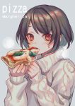  1girl aran_sweater black_hair blush cheese eating eyebrows_visible_through_hair food grey_background highres holding holding_food looking_at_viewer original red_eyes short_hair simple_background sleeves_past_wrists slice_of_pizza solo steam sweat sweater turtleneck turtleneck_sweater white_sweater zoff_(daria) 