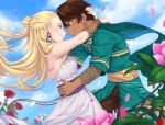  1boy 1girl artist_name bangs bare_shoulders blonde_hair brown_eyes brown_hair brown_pants cape closed_mouth couple dark_skin deviantart_username dress earrings flower green_cape green_eyes hair_bun hand_on_hip highres hug insertsomthinawesome jewelry long_hair long_sleeves looking_at_another pants petals pink_flower professor_ozpin red_flower rose rwby salem_(rwby) sash short_hair sidelocks sleeveless sleeveless_dress smile standing white_dress wind wristband yellow_sash 