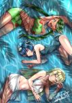  3girls arm_up armpits bare_shoulders bikini blonde_hair blue_eyes blue_hair braid closed_mouth dark_skin goggles goggles_on_head green_eyes green_hair hair_ornament hand_on_hip highres lillie_(pokemon) long_hair low_twintails mao_(pokemon) midriff multiple_girls navel nintendo pokemon shorts signature staryu suiren_(pokemon) swimsuit takecha twintails water 