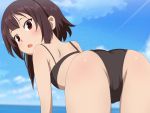  1girl :o absurdres all_fours ass bare_shoulders bikini black_bikini black_hair blue_sky blush cloud commentary_request day from_behind highres kono_subarashii_sekai_ni_shukufuku_wo! looking_at_viewer looking_back megumin open_mouth outdoors poa_mellhen red_eyes short_hair sidelocks sky swimsuit 