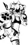  ! 4_fingers 4_toes anthro arknights bodily_fluids breasts clothed clothing eyewear feet felid female fighting_pose fingers fur glasses hair mammal menthak0 midriff monochrome navel pantherine pawpads paws pose simple_background small_breasts solo striped_body striped_fur stripes sweat tiger toes video_games waaifu white_background wristband 