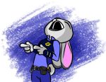  abstract_background anthro clothed clothing disney ears_down eyes_closed fully_clothed fur gesture grey_body grey_fur judy_hopps lagomorph laugh leporid mammal open_mouth pink_nose pivoted_ears pointing police_uniform rabbit solo theblueberrycarrots uniform zootopia 