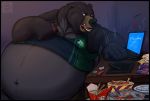  ! american_black_bear angry anthro belly belly_jiggle big_belly black_bear black_body black_fur candy chocolate chopsticks claws clothed clothing computer cutlery desk eating food fork fur furniture holding_food holding_object inside kitchen_utensils laptop male mammal navel noodles obese obese_male open_mouth overweight overweight_male ramzi sitting slam solo tablet tay_the_bear teeth tongue tools ursid ursine 