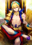  1boy abs black_gloves blonde_hair earrings fate/grand_order fate_(series) gauntlets gilgamesh gilgamesh_(caster)_(fate) gloves hat highres jewelry looking_at_viewer male_focus mika_pikazo red_eyes sitting smile solo stone_tablet tattoo throne vest 