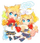  1boy 1girl bangs black_collar black_legwear black_shorts black_sleeves blonde_hair blue_eyes bow candy chibi collar crop_top detached_sleeves food hair_bow hair_ornament hairclip headphones highres holding_candy kagamine_len kagamine_rin leg_warmers light_blush looking_at_viewer neckerchief necktie oversized_food oversized_object sailor_collar school_uniform shiroro69 shirt short_hair short_ponytail short_sleeves shorts sleeveless sleeveless_shirt smile spiked_hair swept_bangs translated vocaloid white_bow white_shirt yellow_neckwear 