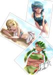  3girls bare_shoulders bent_over bikini blonde_hair blue_eyes blue_hair braid closed_mouth cloud cloudy_sky crossed_arms dark_skin from_above goggles goggles_on_head green_eyes green_hair hair_ornament highres lillie_(pokemon) long_hair looking_at_viewer low_twintails lying mao_(pokemon) multiple_girls photo_(object) pokemon shorts signature sky staryu suiren_(pokemon) sunlight swimsuit takecha twintails 