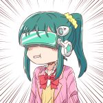  1girl bangs blush_stickers bow closed_mouth collared_shirt emphasis_lines green_eyes green_hair guriin hair_ornament hair_scrunchie head_mounted_display headgear highres jacket long_hair mouth_hold open_clothes open_jacket pink_jacket ponytail red_bow scrunchie serizawa_momoka shirt sidelocks simple_background solo sweater_vest tokyo_7th_sisters upper_body white_background white_shirt yellow_scrunchie 