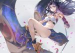  1girl absurdres asymmetrical_legwear asymmetrical_sleeves bangs bare_shoulders black_hair breasts chain commentary crown earrings elbow_gloves fate/grand_order fate_(series) gloves hair_ribbon highres hoop_earrings ishtar_(fate/grand_order) jewelry joehongtee long_hair looking_at_viewer medium_breasts navel parted_bangs red_eyes ribbon single_elbow_glove single_thighhigh smile solo thighhighs two_side_up 